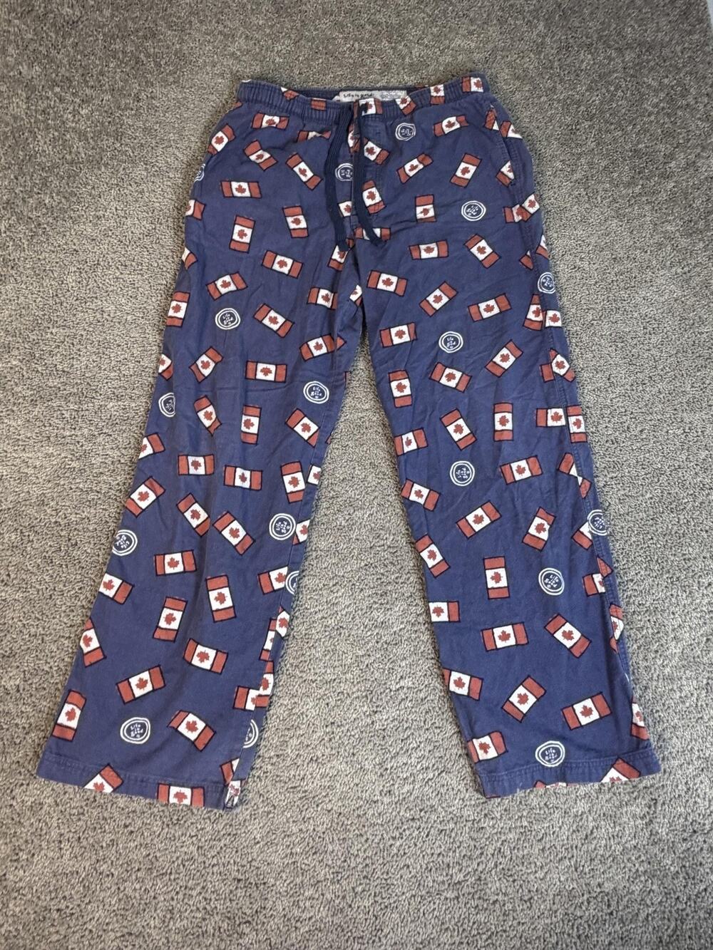 Life Is Good Pajama Pants Mens Large Blue Canadian Flag Flannel Sleepwear